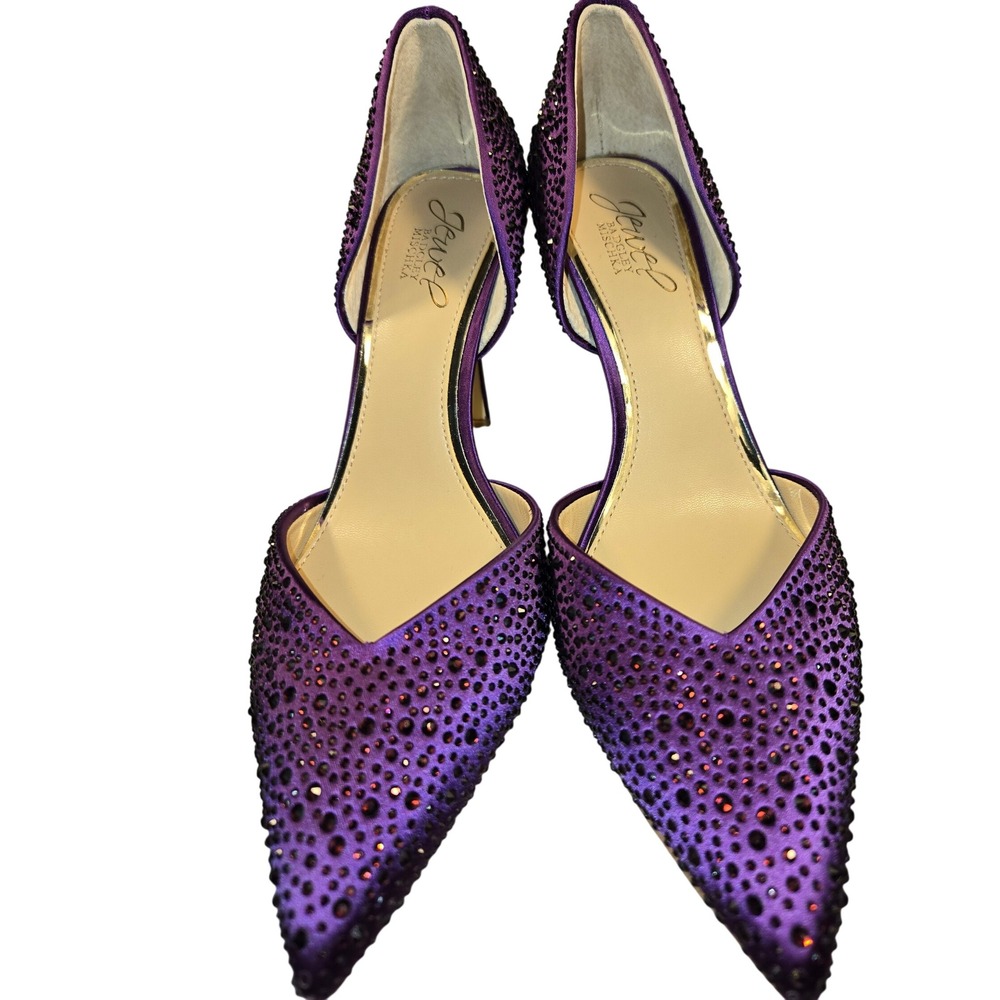 Jewel Badgley Mischka Grace Purple Satin Crystal dOrsay Pumps Heels Size 8